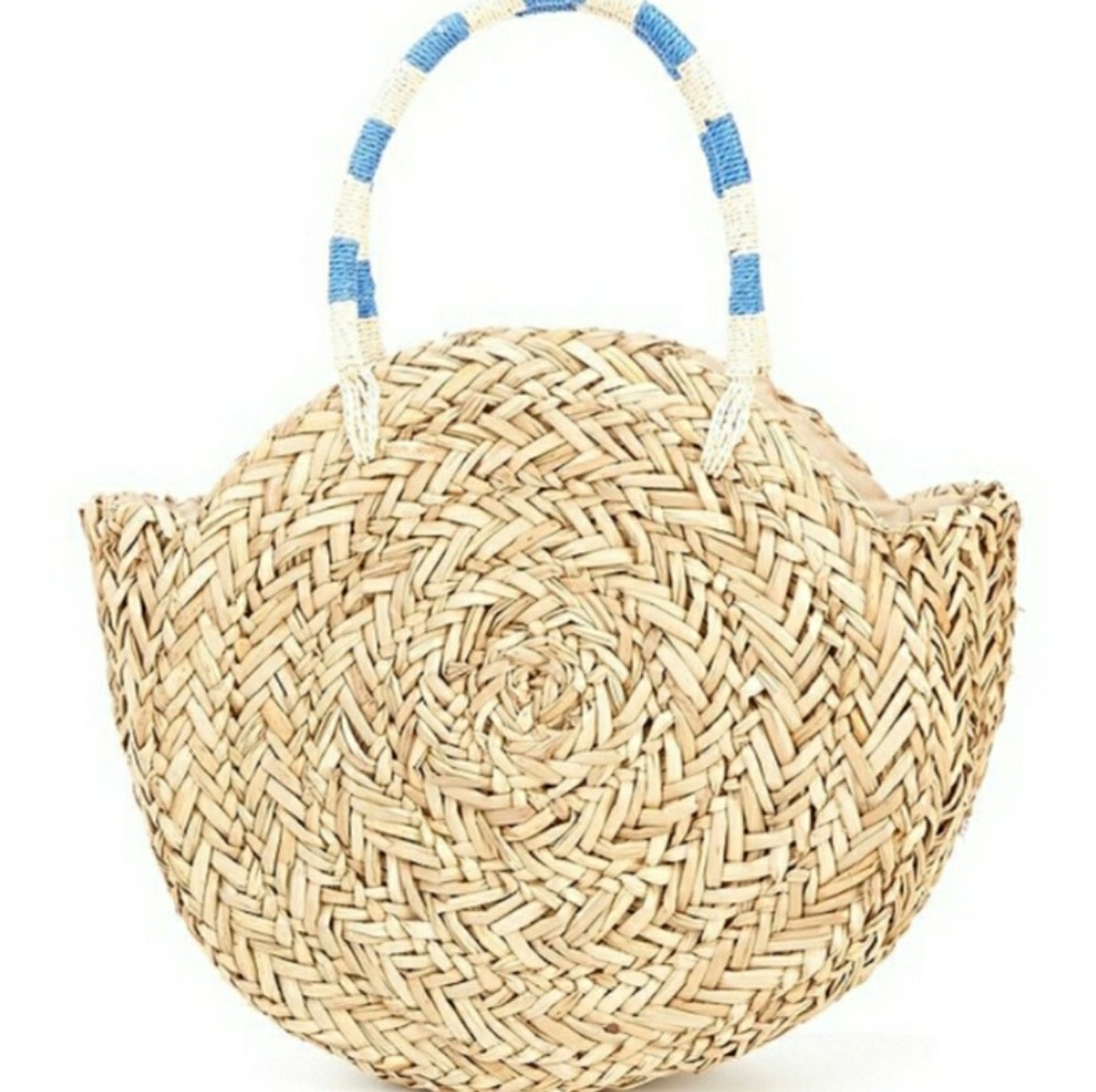 New Mudpie Pom Pom Circle Grass Boho Tote Bag. - Picture 7 of 8
